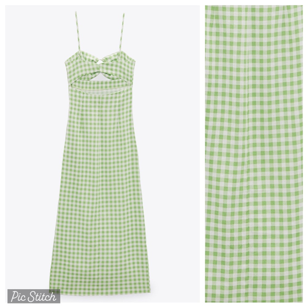 NWT. Zara White/Green Linen Blend Gingham Midi Dress. Size M. - Picture 6 of 10